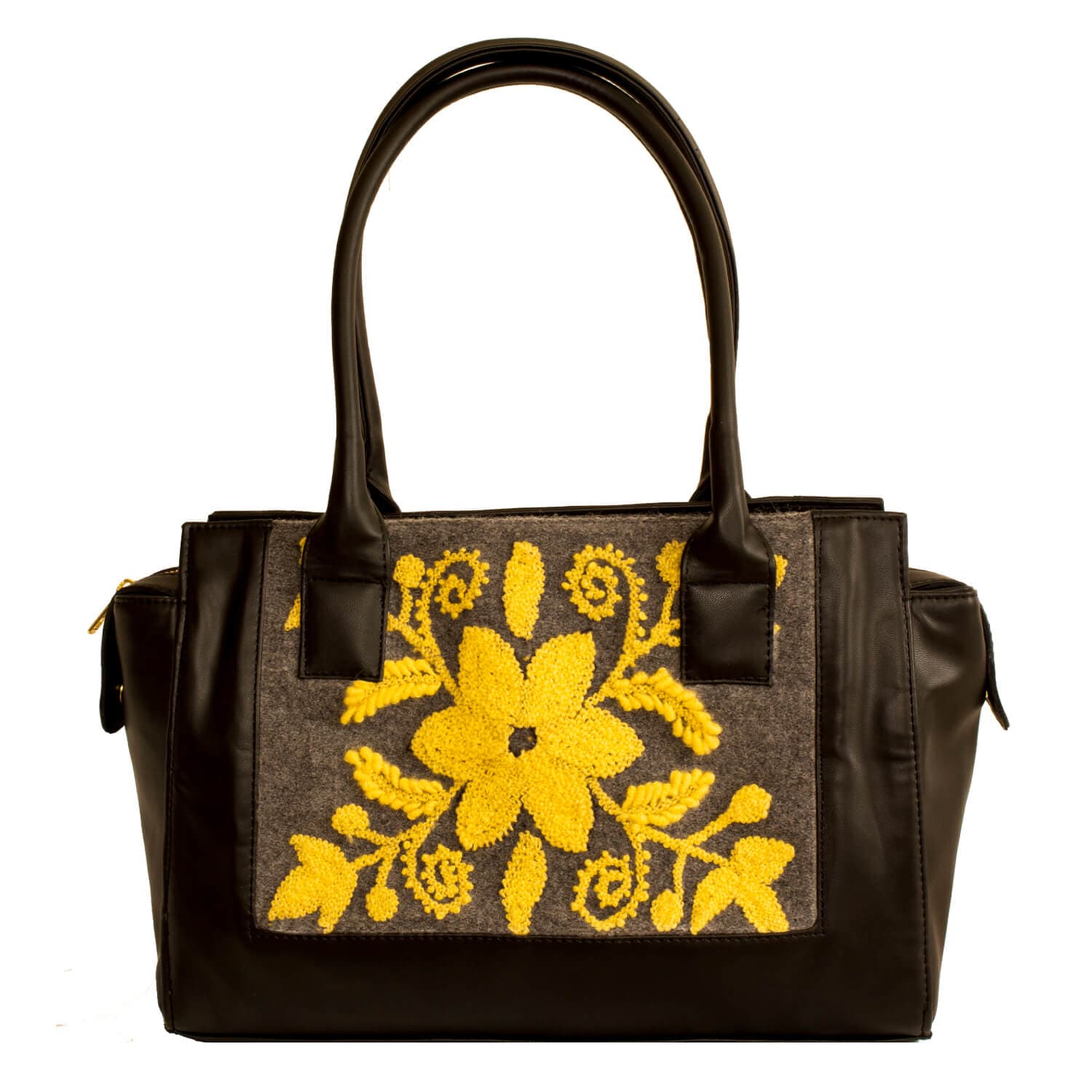 Black Faux Leather Bowling Bag with Flower Embroidery
