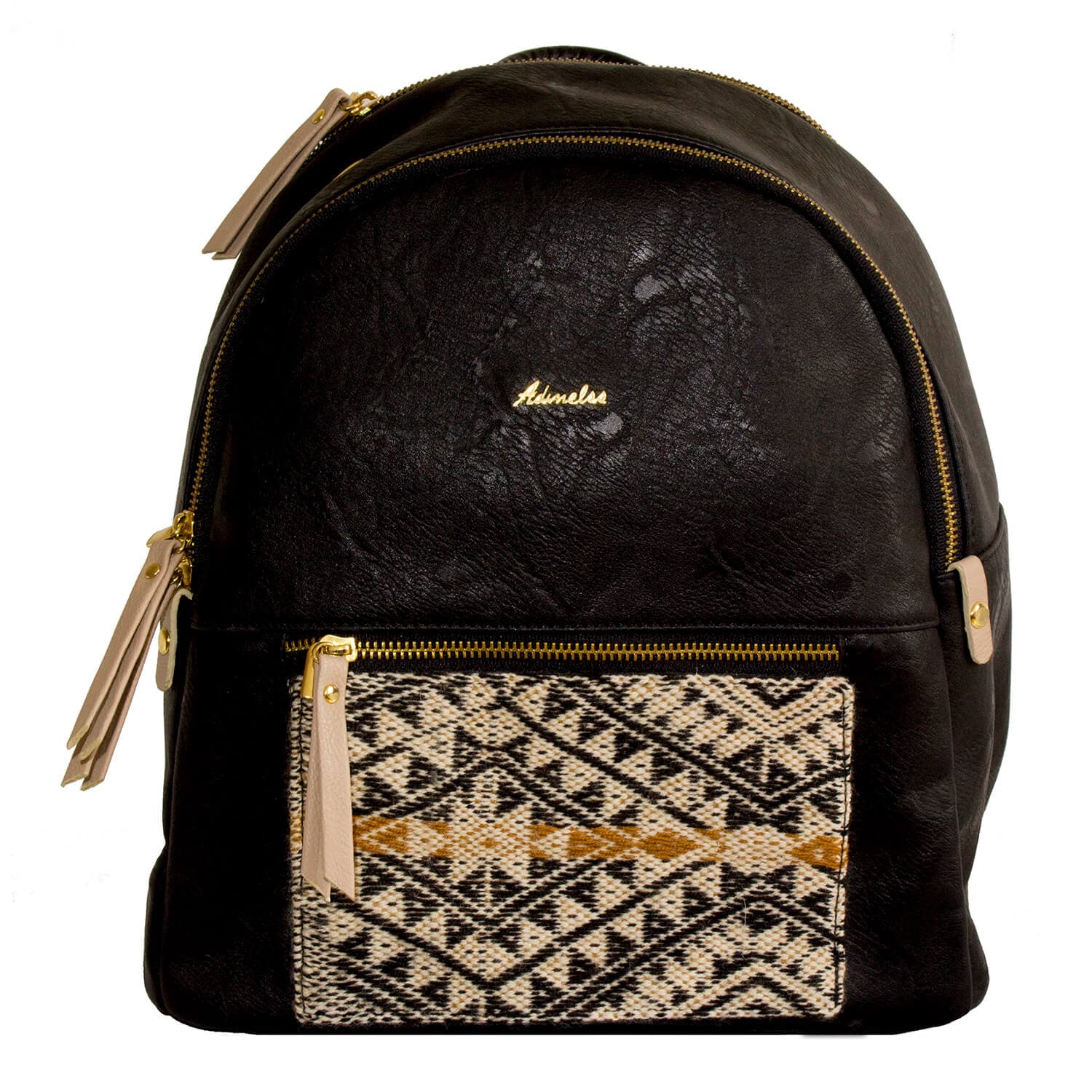 Black Synthetic Leather Backpack with Boho Chic Embroidery