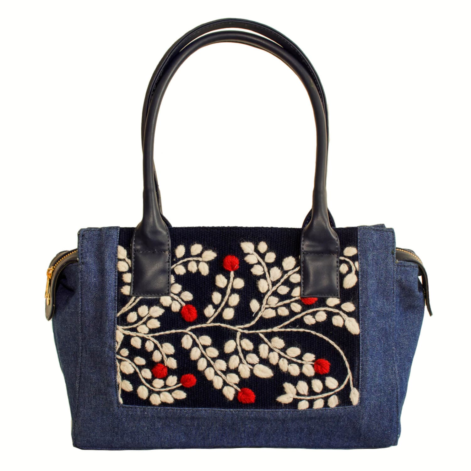 Blue Jean Bowling Bag with Handmade Floral Embroidery