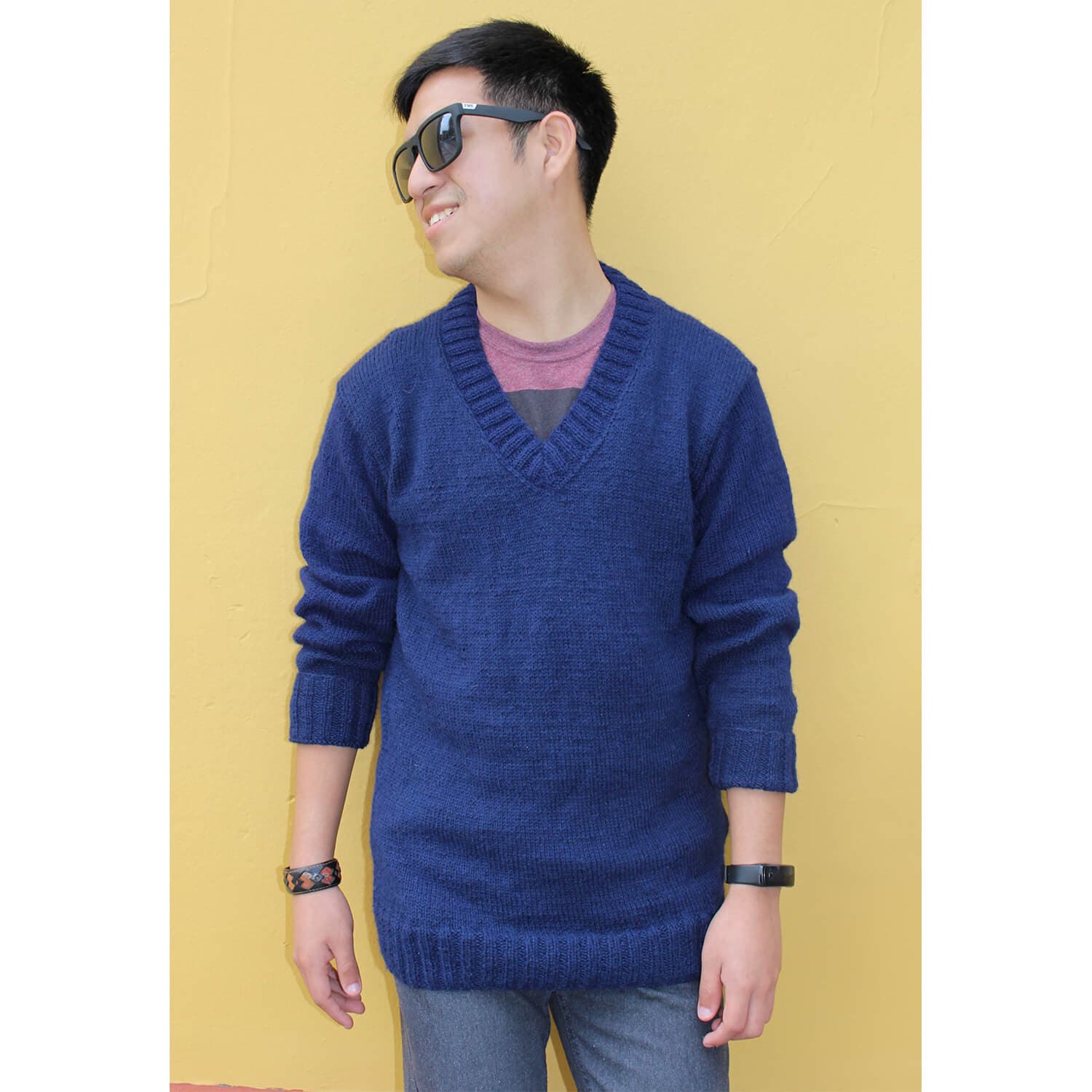 Blue V-Neck Baby Alpaca Sweater for Men