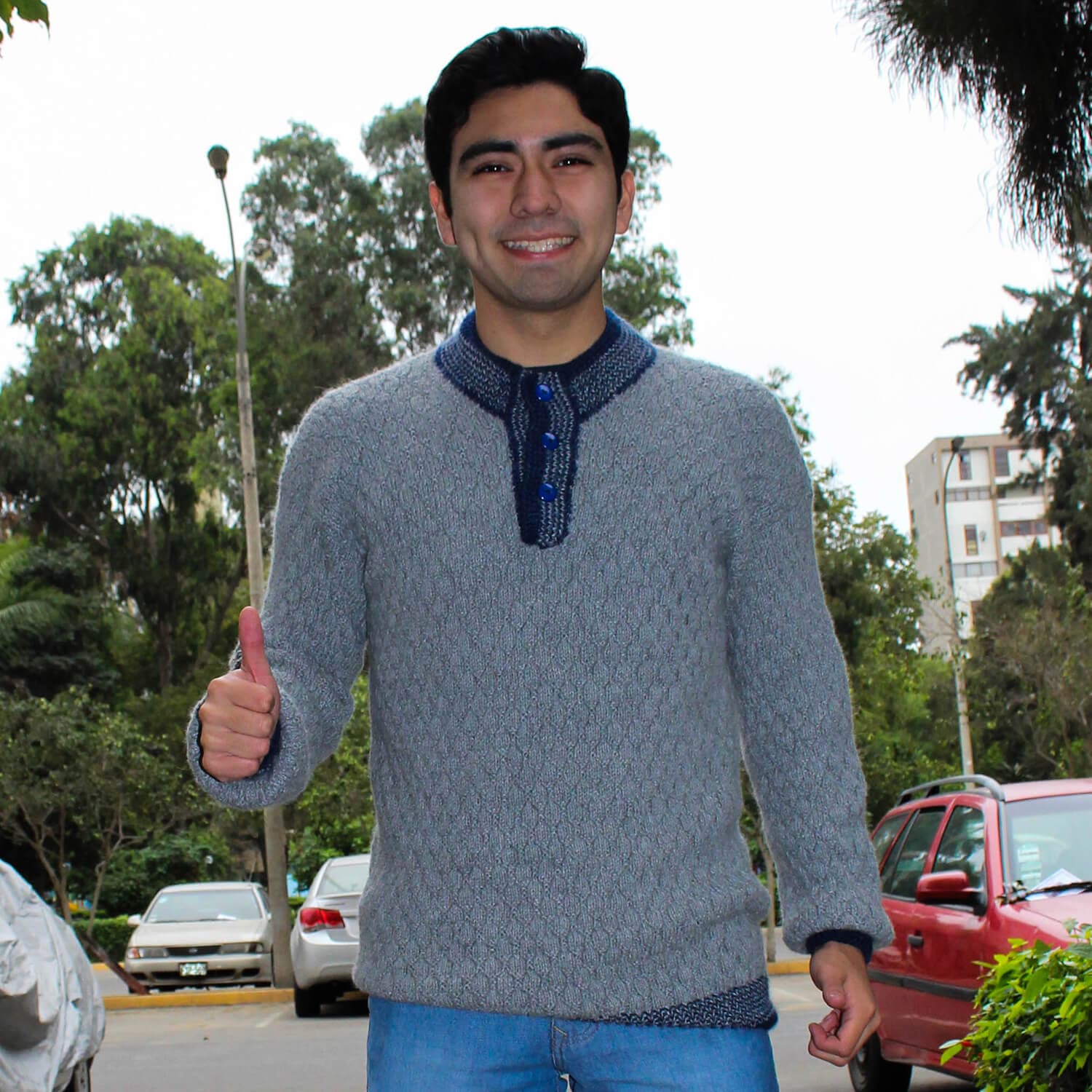 Diamond Pattern Baby Alpaca Sweater for Men - Gray Color
