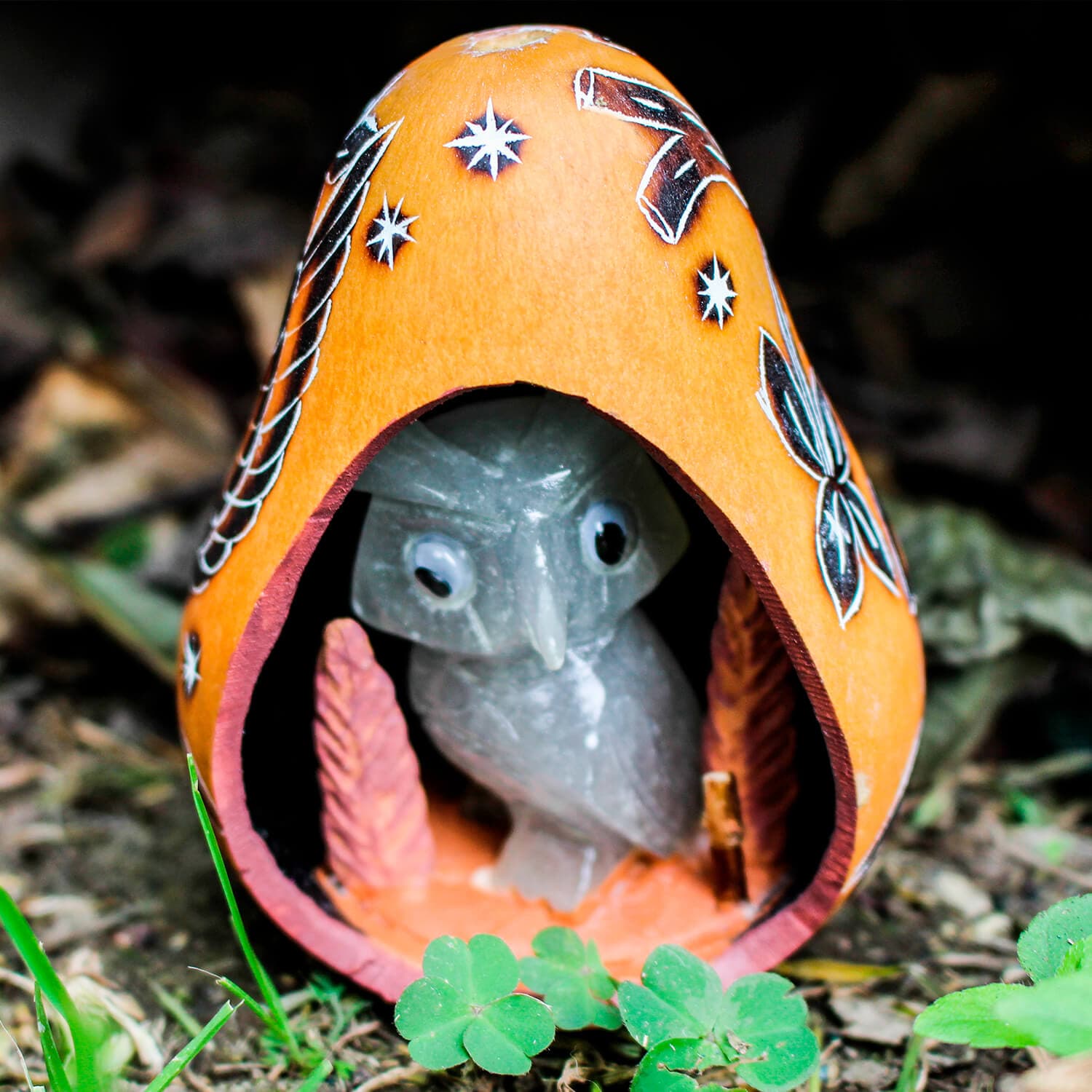 Peruvian Engraved Gourd with White Stone Owl Figurine