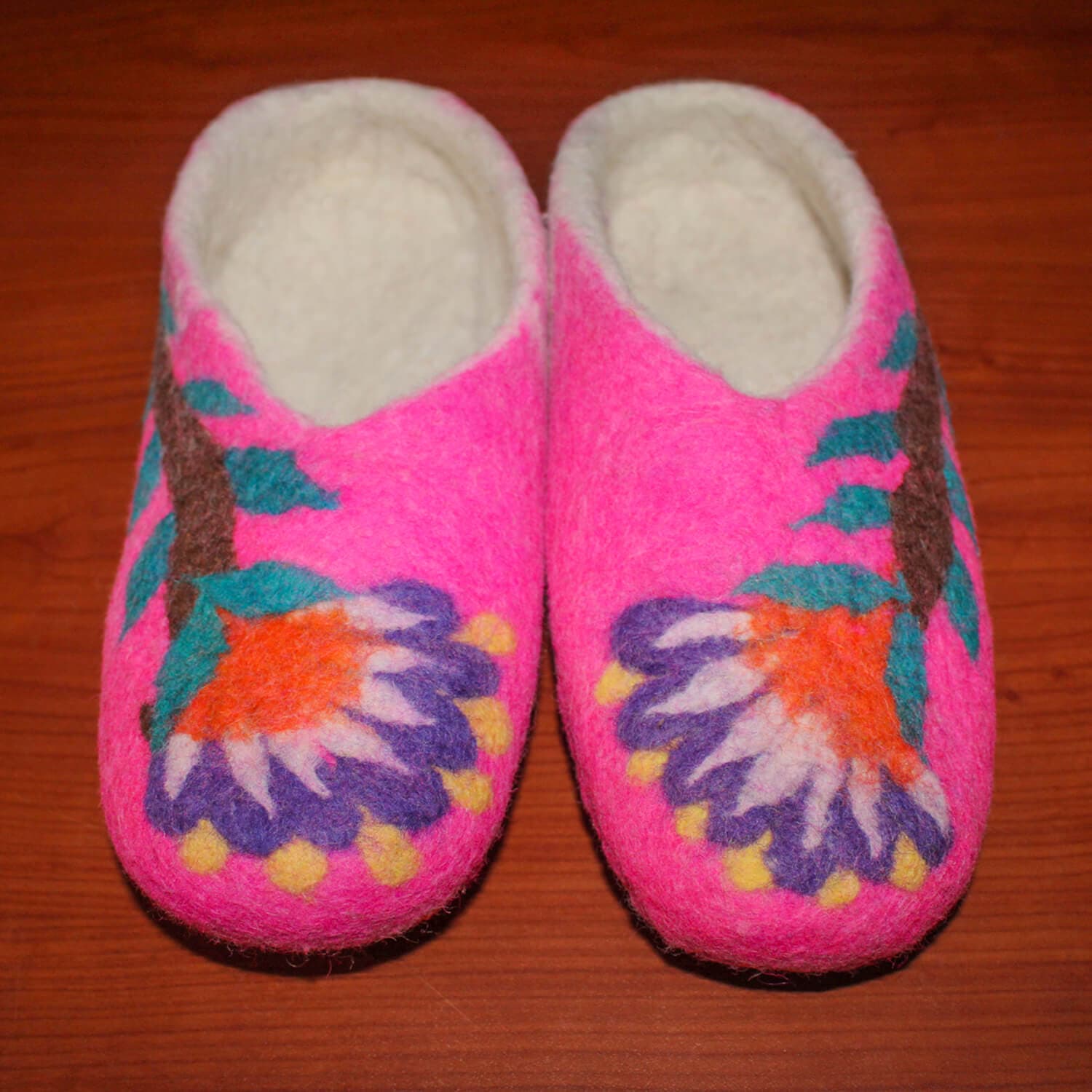Pink Flowered Felt Slippers