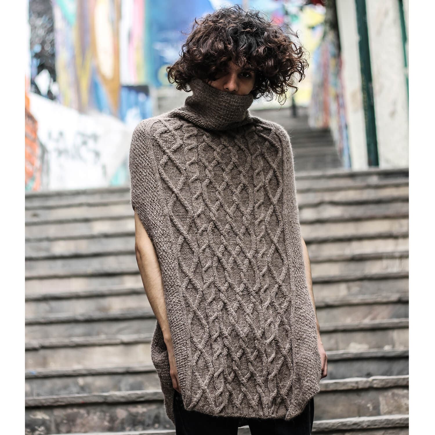 Handmade Baby Alpaca Poncho with Diamond Patterns for Men