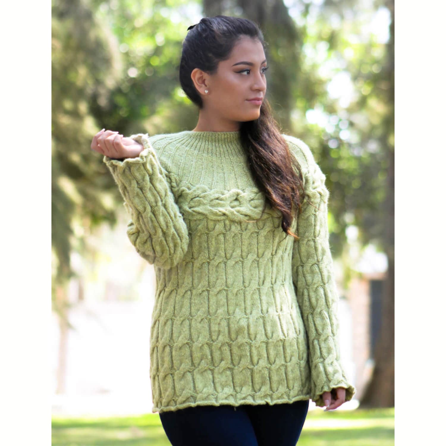 Handmade Twisted Cable Baby Alpaca Sweater in Light Green
