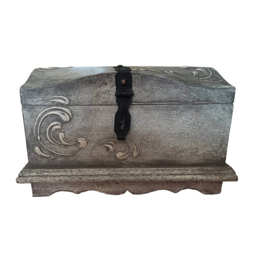 Peruvian Wooden chest with a retro and unique design. This is a mid-size gray box that is perfect to store jewelry, watches, etc.